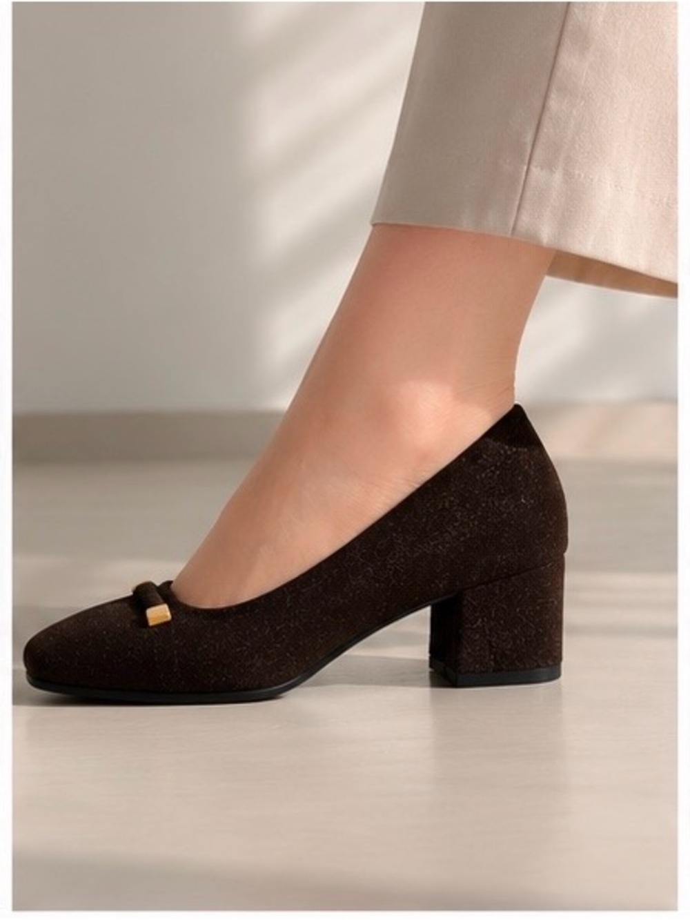 Jessica Dark Brown Suede Block Heel Pumps with Gold Accent - Picture 2 of 4